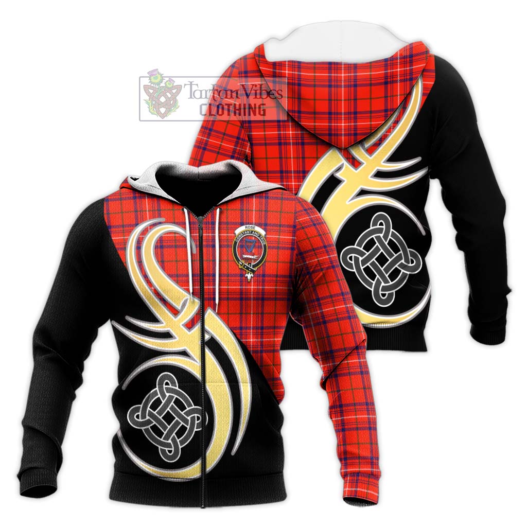 Tartan Vibes Clothing Rose Modern Tartan Knitted Hoodie with Family Crest and Celtic Symbol Style