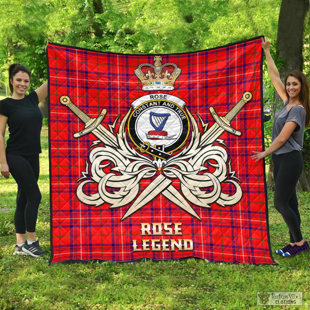 Tartan Vibes Clothing Rose Modern Tartan Quilt with Clan Crest and the Golden Sword of Courageous Legacy