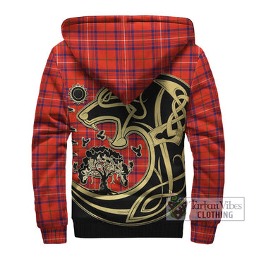 Rose Modern Tartan Sherpa Hoodie with Family Crest Celtic Wolf Style