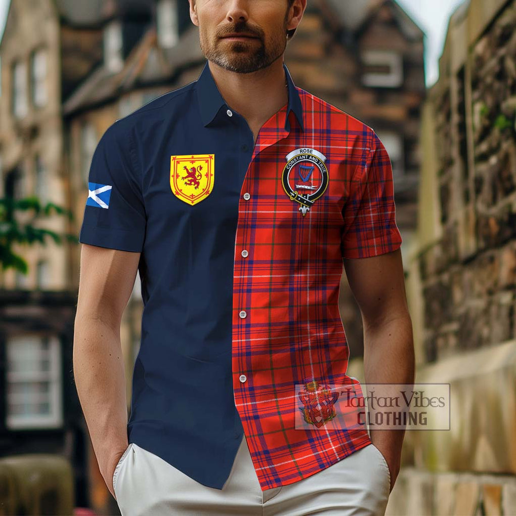 Tartan Vibes Clothing Rose Modern Tartan Short Sleeve Button Shirt with Scottish Lion Royal Arm Half Style