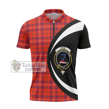Rose Modern Tartan Zipper Polo Shirt with Family Crest Circle Style