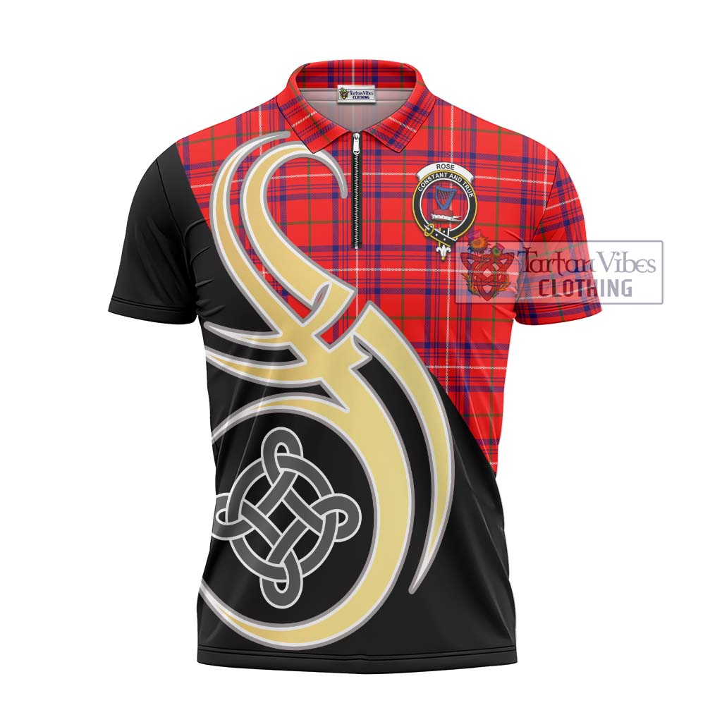 Tartan Vibes Clothing Rose Modern Tartan Zipper Polo Shirt with Family Crest and Celtic Symbol Style