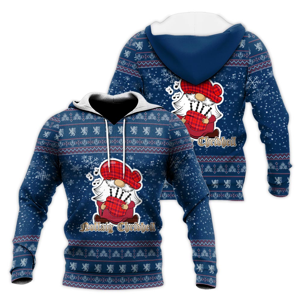 Rose Modern Clan Christmas Knitted Hoodie with Funny Gnome Playing Bagpipes Blue - Tartanvibesclothing