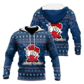 Rose Modern Clan Christmas Knitted Hoodie with Funny Gnome Playing Bagpipes