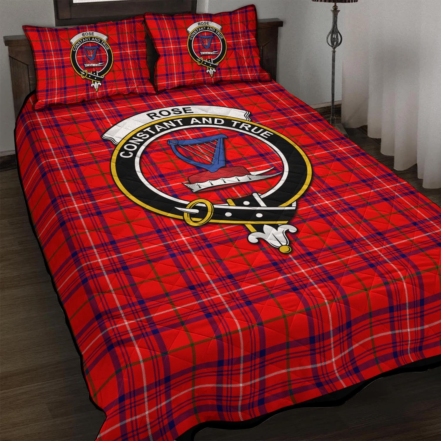 Rose Modern Tartan Quilt Bed Set with Family Crest - Tartan Vibes Clothing