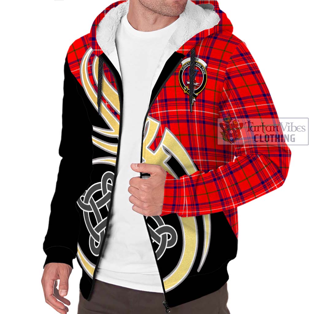 Tartan Vibes Clothing Rose Modern Tartan Sherpa Hoodie with Family Crest and Celtic Symbol Style