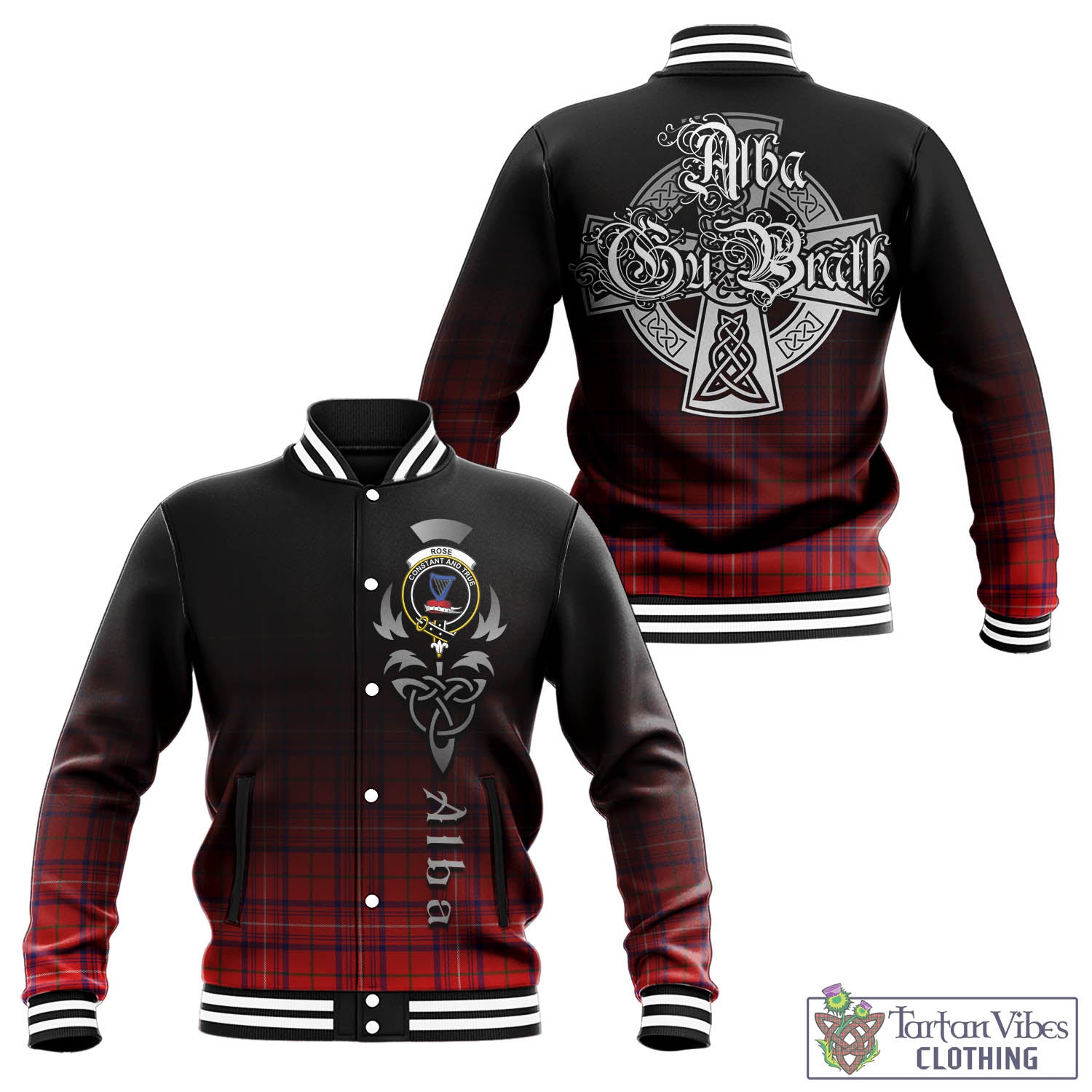 Tartan Vibes Clothing Rose Modern Tartan Baseball Jacket Featuring Alba Gu Brath Family Crest Celtic Inspired