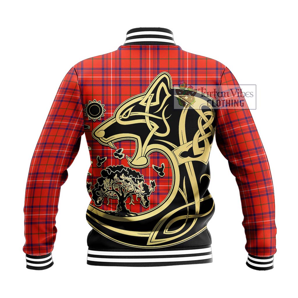 Tartan Vibes Clothing Rose Modern Tartan Baseball Jacket with Family Crest Celtic Wolf Style