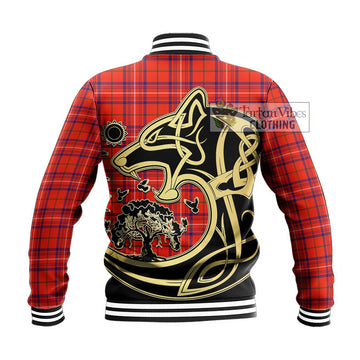 Rose Modern Tartan Baseball Jacket with Family Crest Celtic Wolf Style