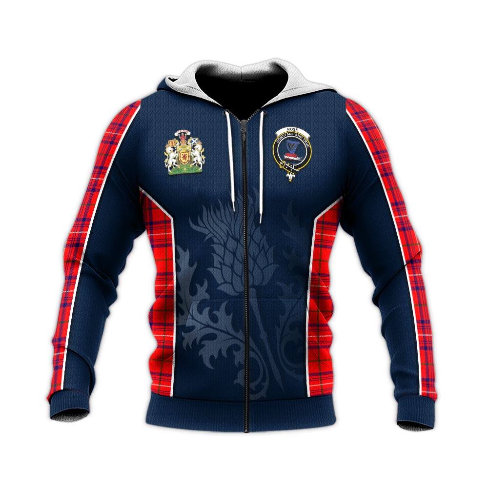 Tartan Vibes Clothing Rose Modern Tartan Knitted Hoodie with Family Crest and Scottish Thistle Vibes Sport Style