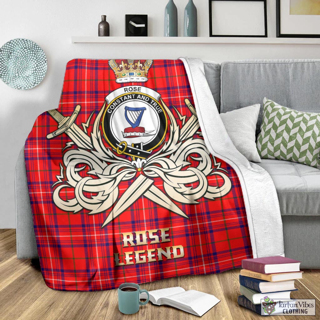 Tartan Vibes Clothing Rose Modern Tartan Blanket with Clan Crest and the Golden Sword of Courageous Legacy