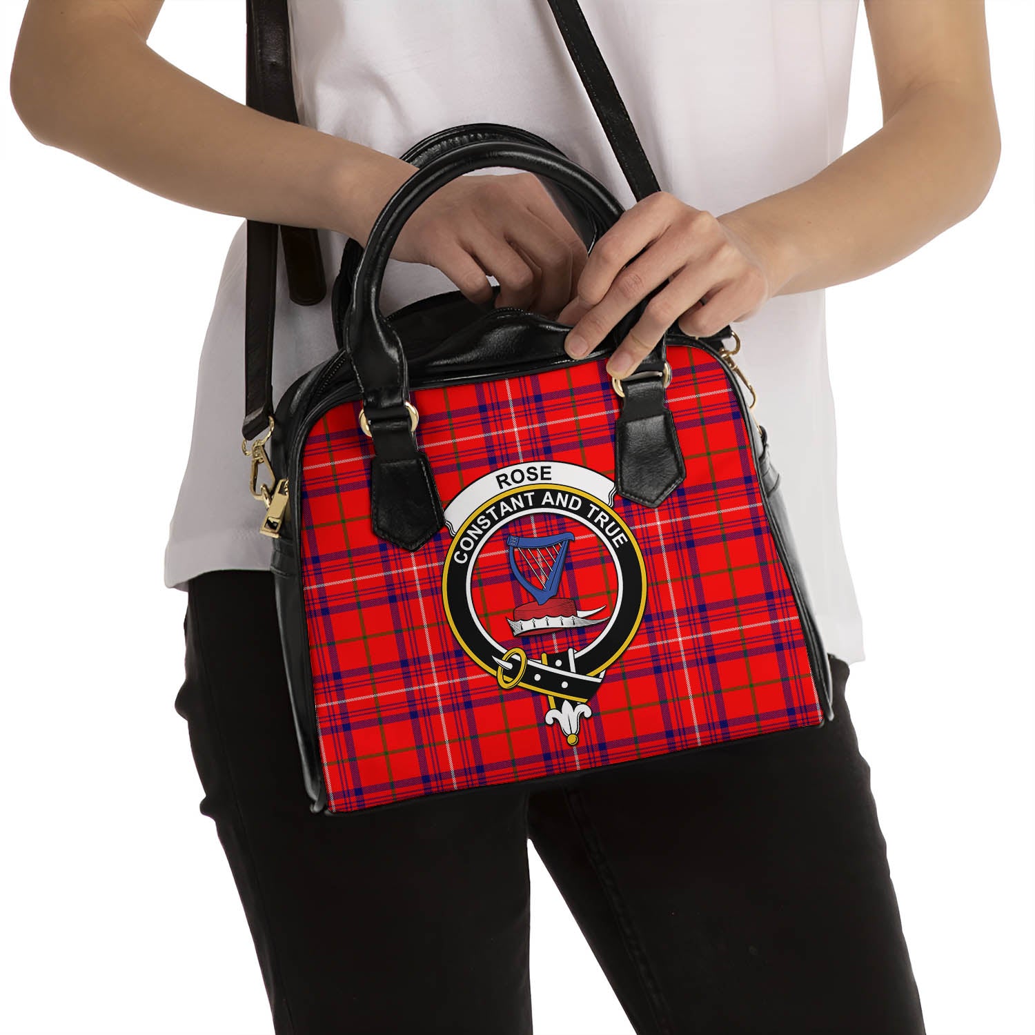 Rose Modern Tartan Shoulder Handbags with Family Crest - Tartanvibesclothing