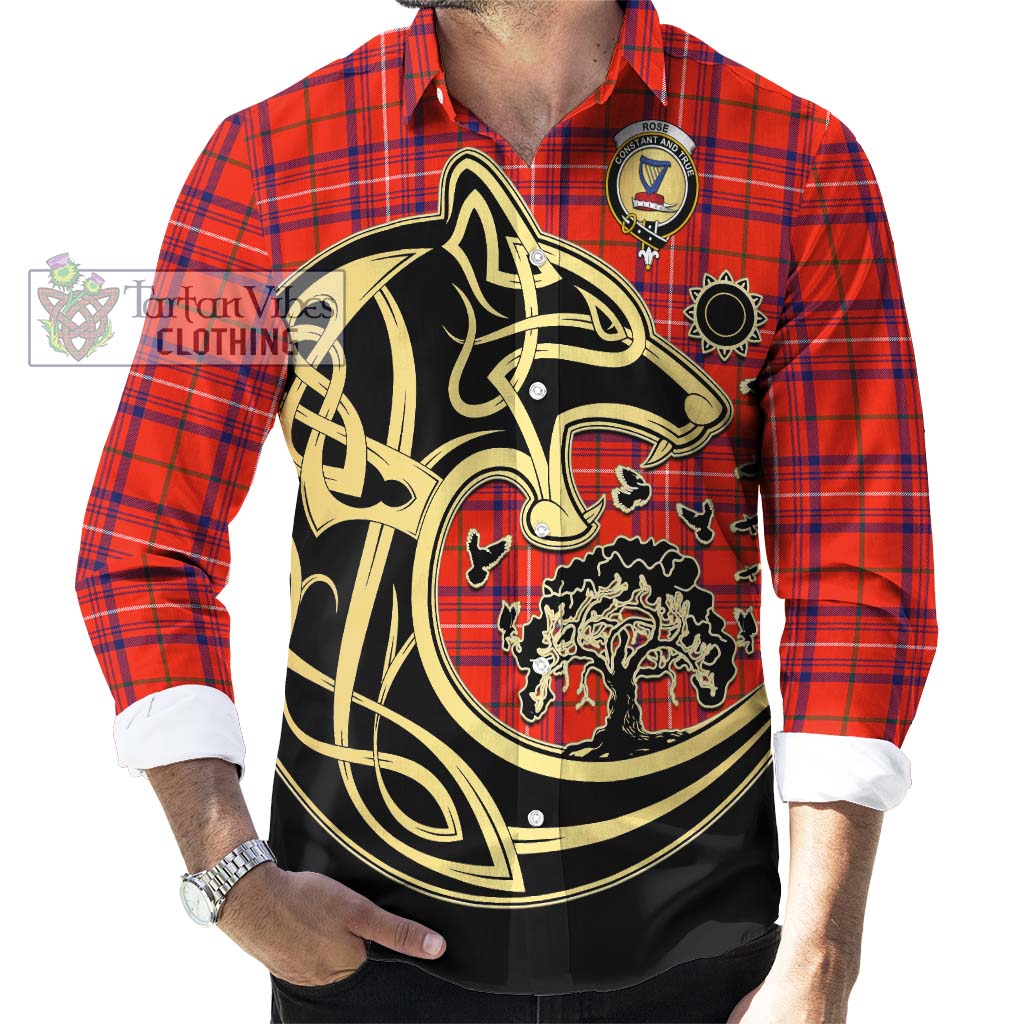 Tartan Vibes Clothing Rose Modern Tartan Long Sleeve Button Shirt with Family Crest Celtic Wolf Style