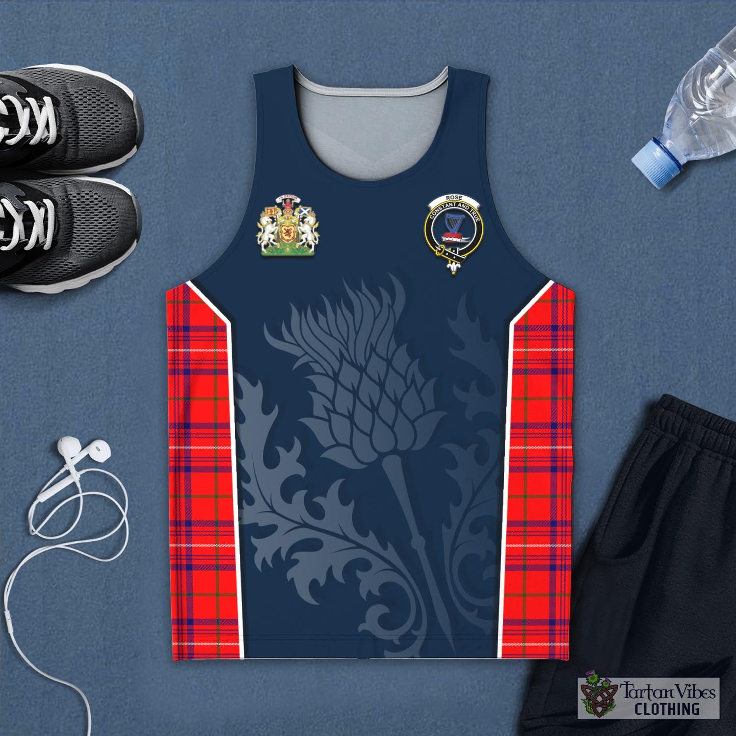 Tartan Vibes Clothing Rose Modern Tartan Men's Tanks Top with Family Crest and Scottish Thistle Vibes Sport Style