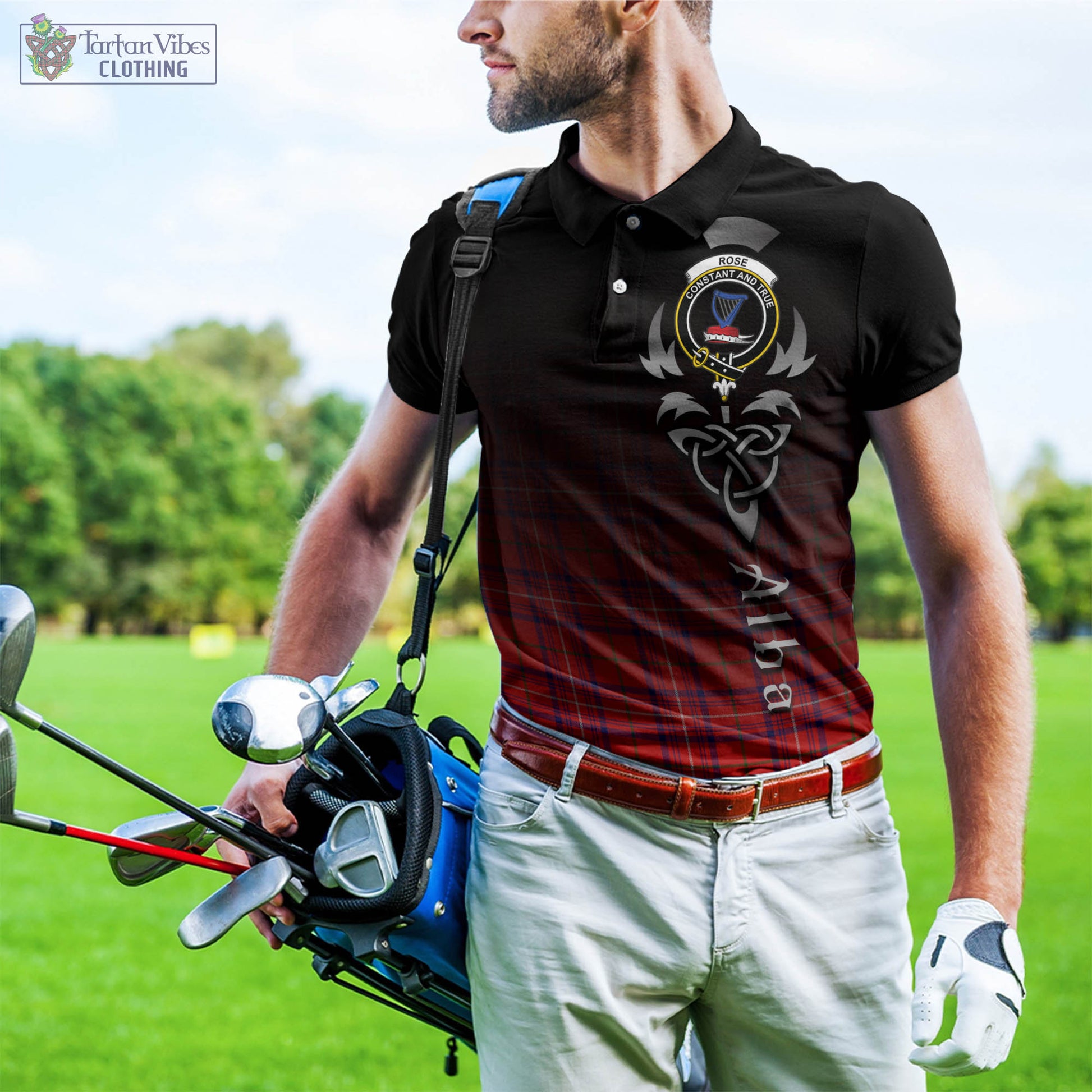 Tartan Vibes Clothing Rose Modern Tartan Polo Shirt Featuring Alba Gu Brath Family Crest Celtic Inspired