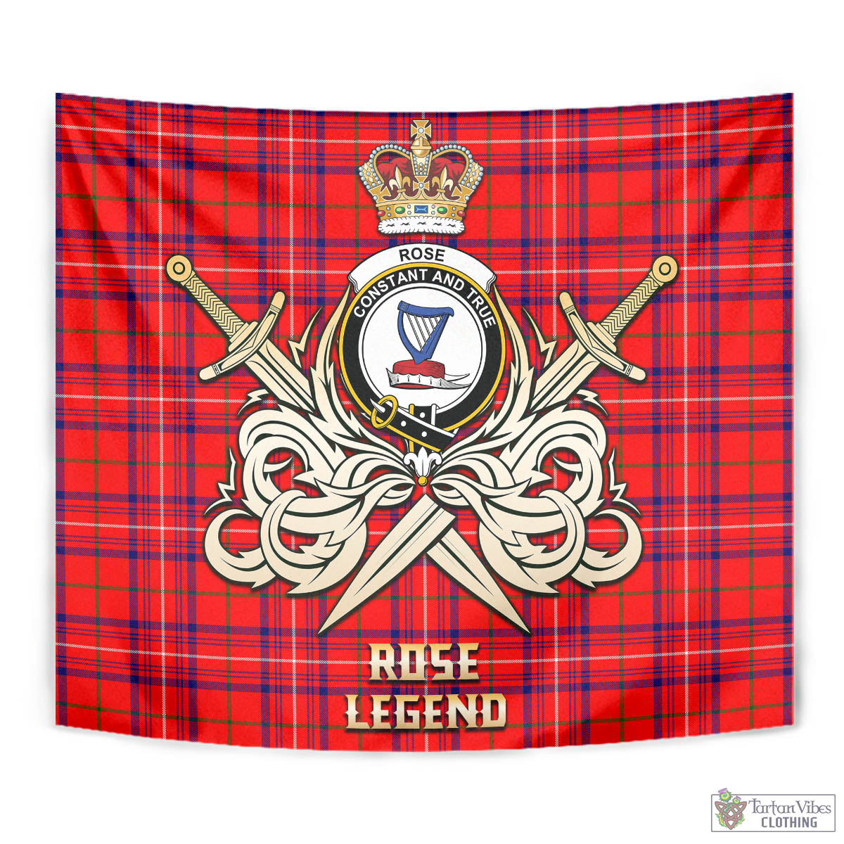 Tartan Vibes Clothing Rose Modern Tartan Tapestry with Clan Crest and the Golden Sword of Courageous Legacy