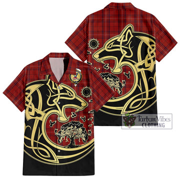Rose of Kilravock Tartan Short Sleeve Button Shirt with Family Crest Celtic Wolf Style
