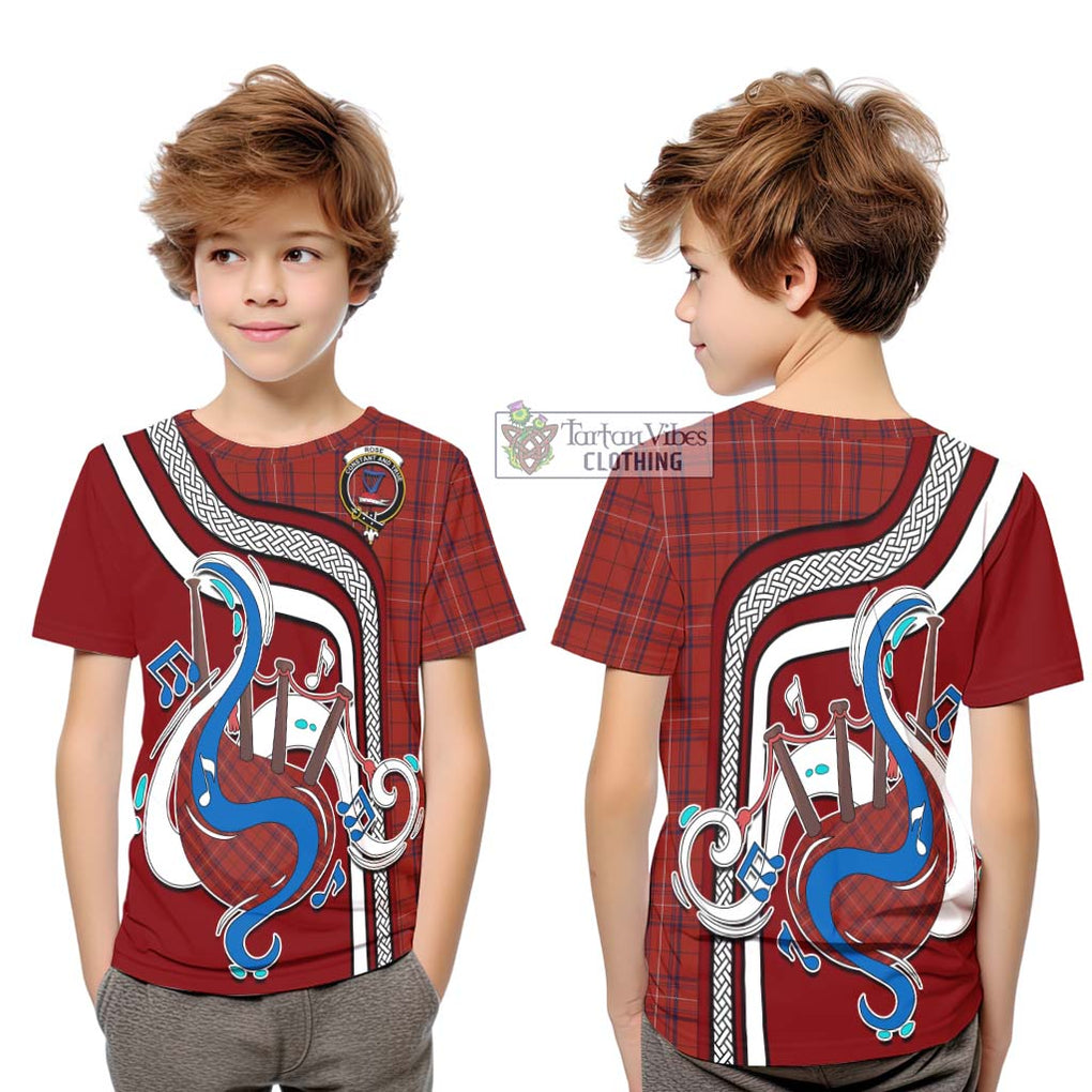 Tartan Vibes Clothing Rose of Kilravock Tartan Kid T-Shirt with Epic Bagpipe Style