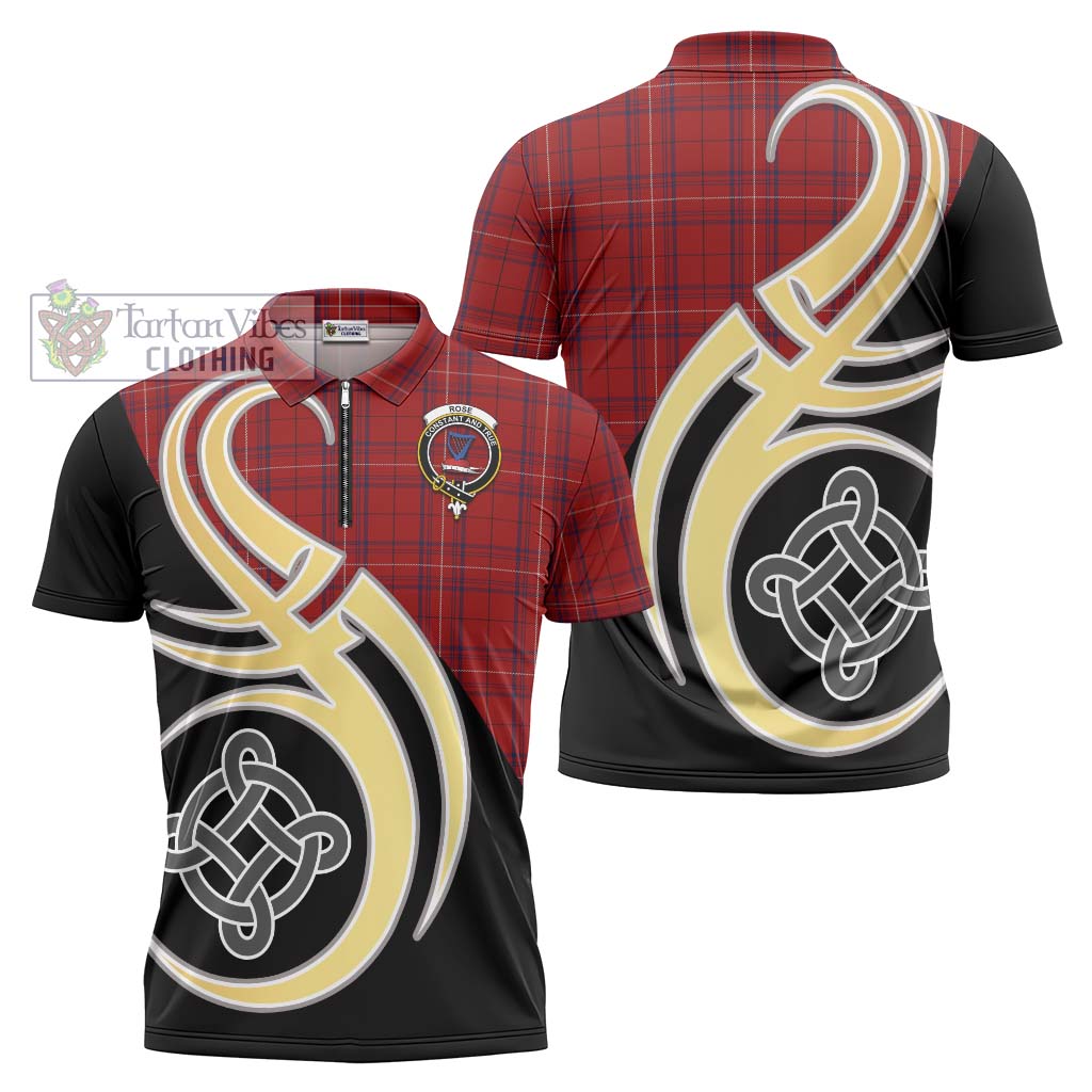 Tartan Vibes Clothing Rose of Kilravock Tartan Zipper Polo Shirt with Family Crest and Celtic Symbol Style