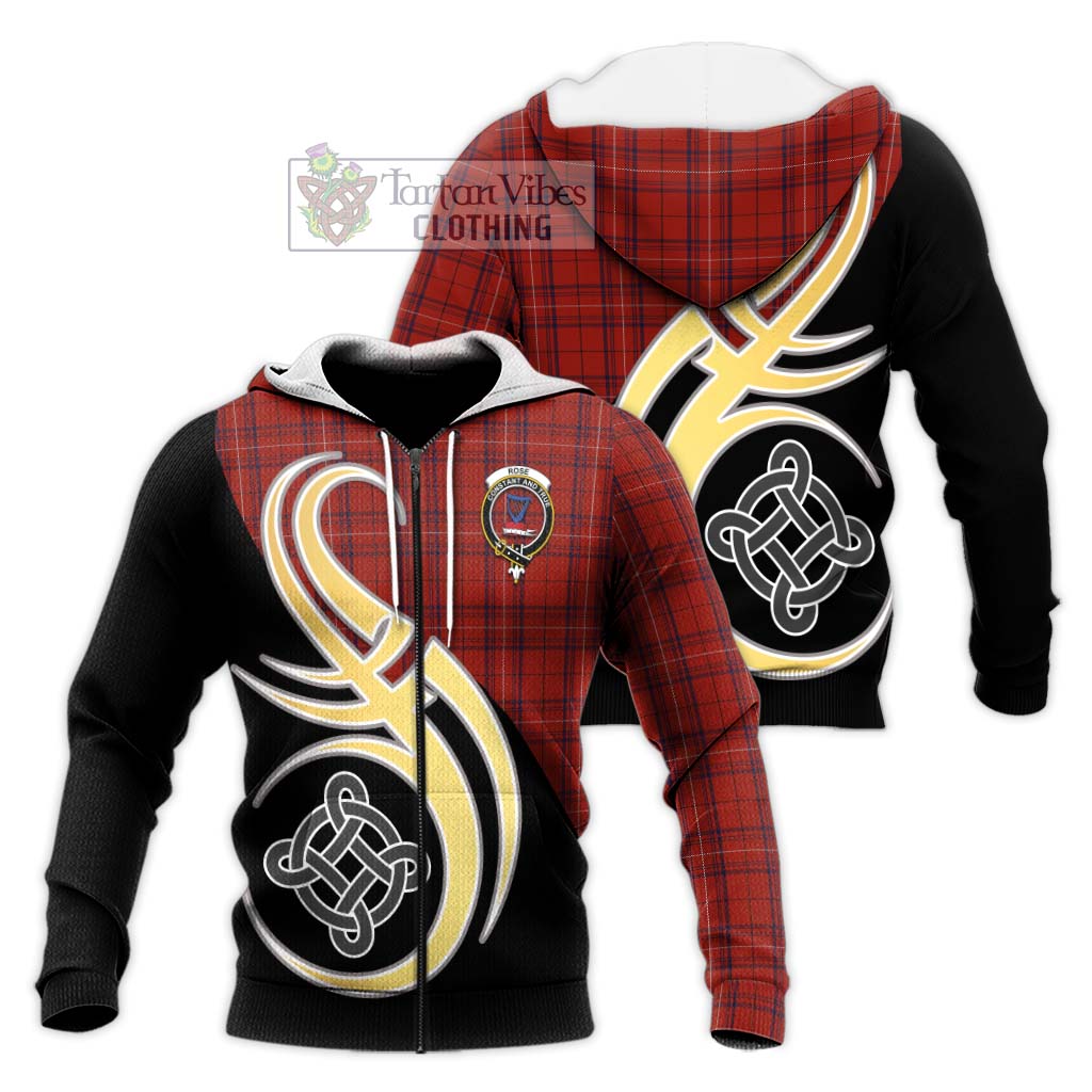 Tartan Vibes Clothing Rose of Kilravock Tartan Knitted Hoodie with Family Crest and Celtic Symbol Style