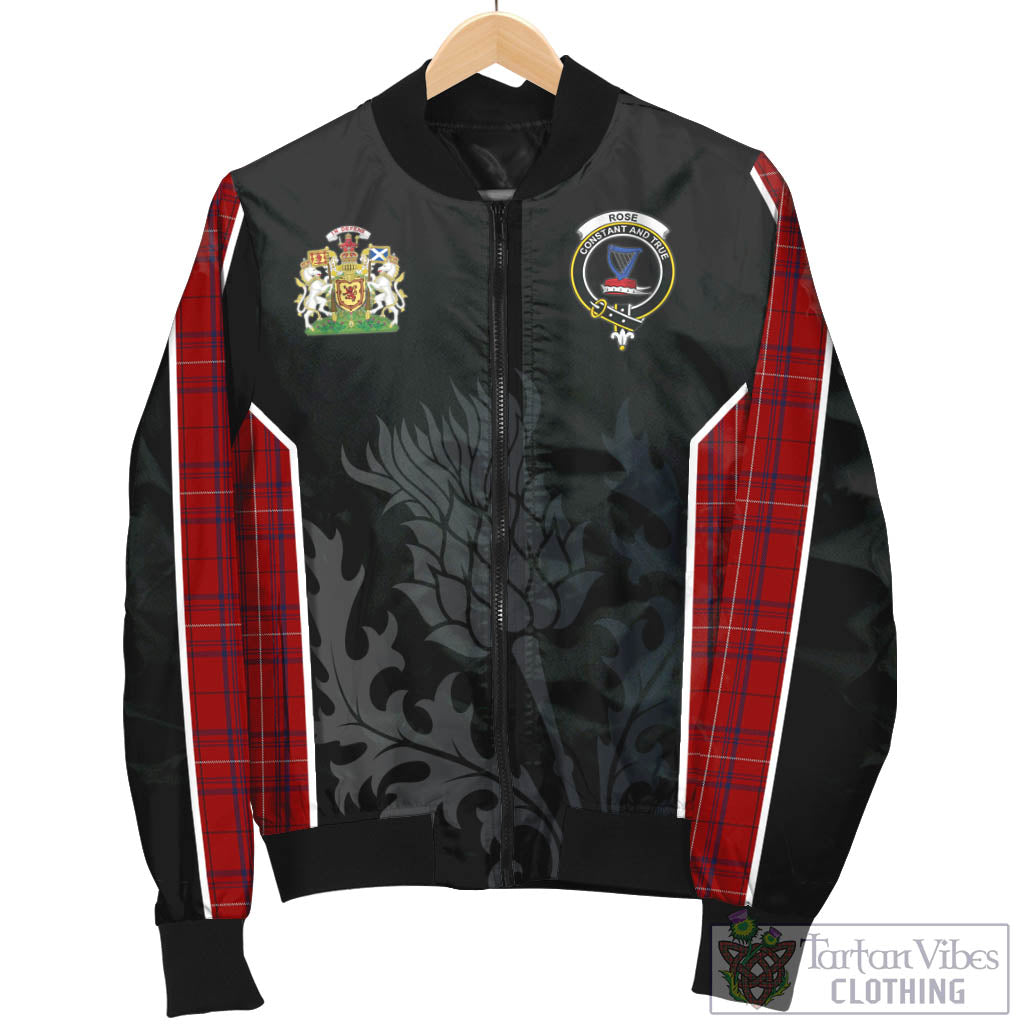 Tartan Vibes Clothing Rose of Kilravock Tartan Bomber Jacket with Family Crest and Scottish Thistle Vibes Sport Style