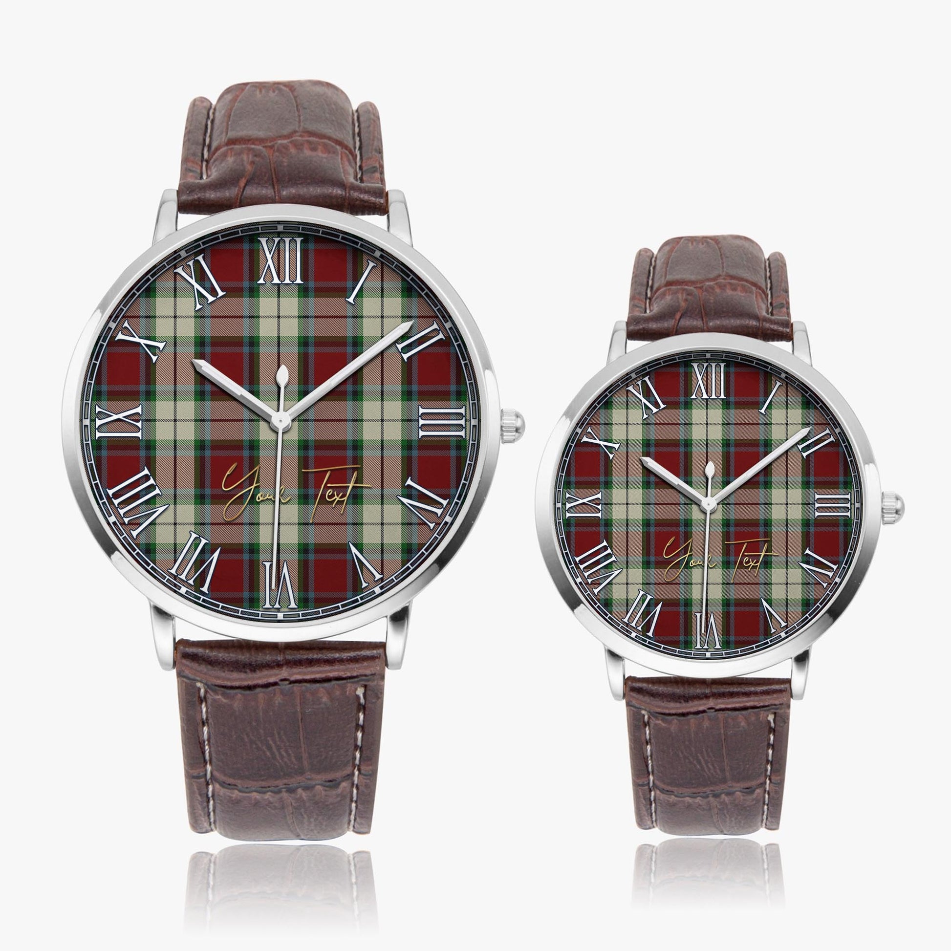 Rose White Dress Tartan Personalized Your Text Leather Trap Quartz Watch Ultra Thin Silver Case With Brown Leather Strap - Tartanvibesclothing