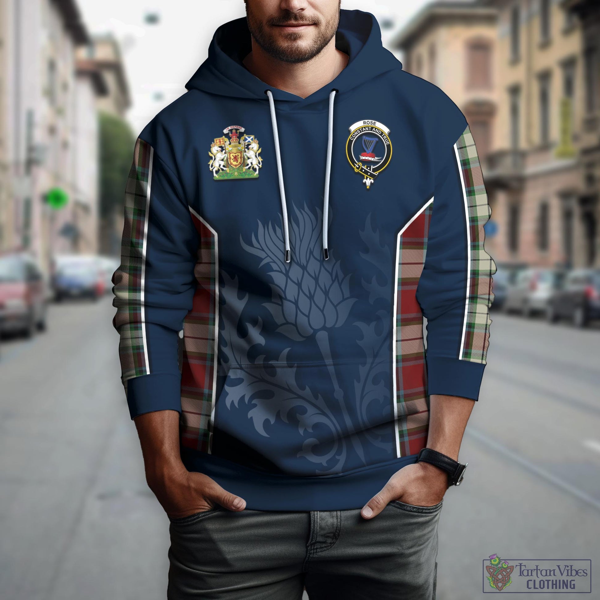 Tartan Vibes Clothing Rose White Dress Tartan Hoodie with Family Crest and Scottish Thistle Vibes Sport Style