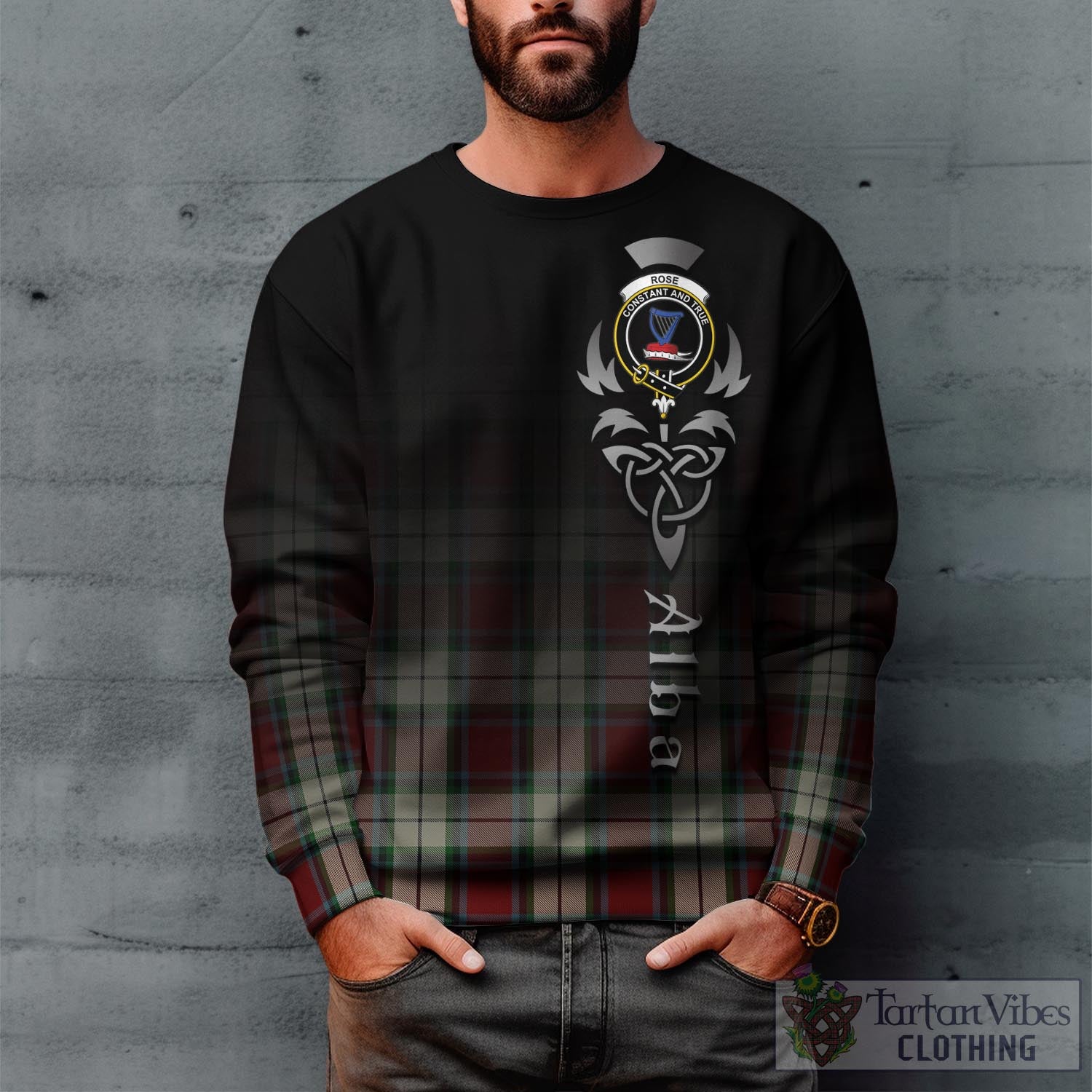 Tartan Vibes Clothing Rose White Dress Tartan Sweatshirt Featuring Alba Gu Brath Family Crest Celtic Inspired