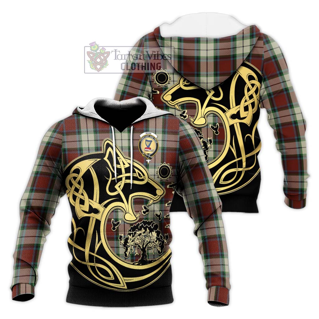 Tartan Vibes Clothing Rose White Dress Tartan Knitted Hoodie with Family Crest Celtic Wolf Style