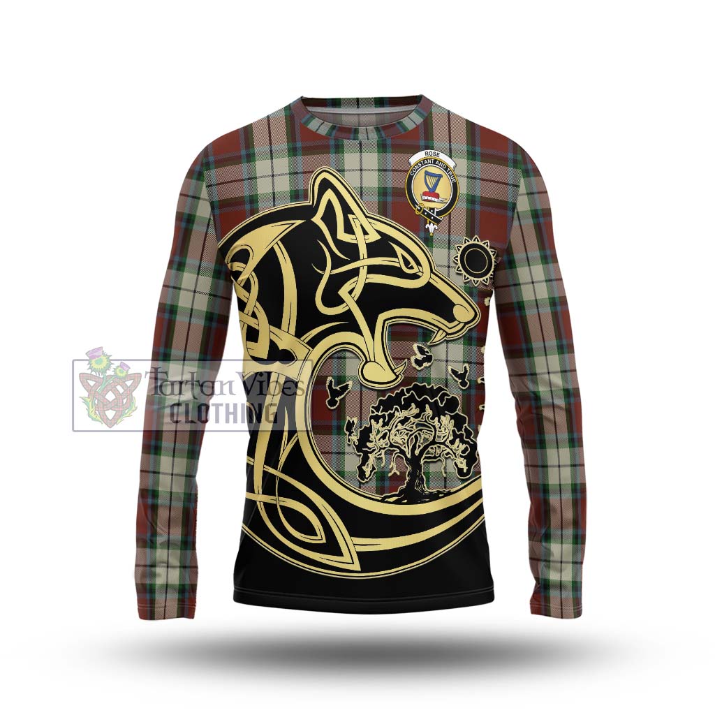 Tartan Vibes Clothing Rose White Dress Tartan Long Sleeve T-Shirt with Family Crest Celtic Wolf Style