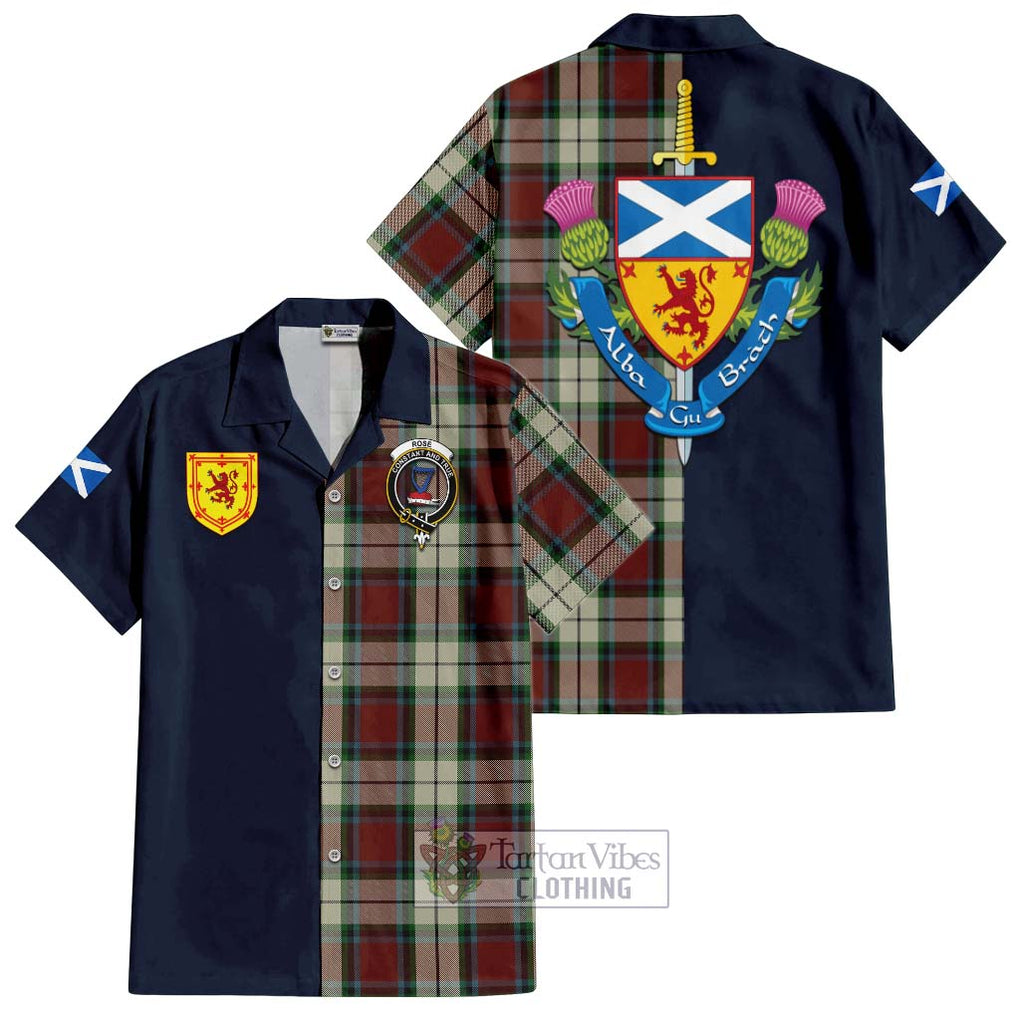 Tartan Vibes Clothing Rose White Dress Tartan Short Sleeve Button Shirt with Scottish Lion Royal Arm Half Style