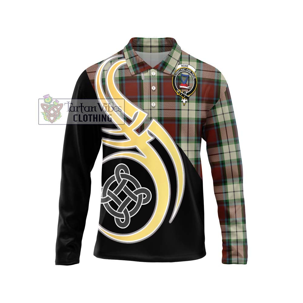 Tartan Vibes Clothing Rose White Dress Tartan Long Sleeve Polo Shirt with Family Crest and Celtic Symbol Style