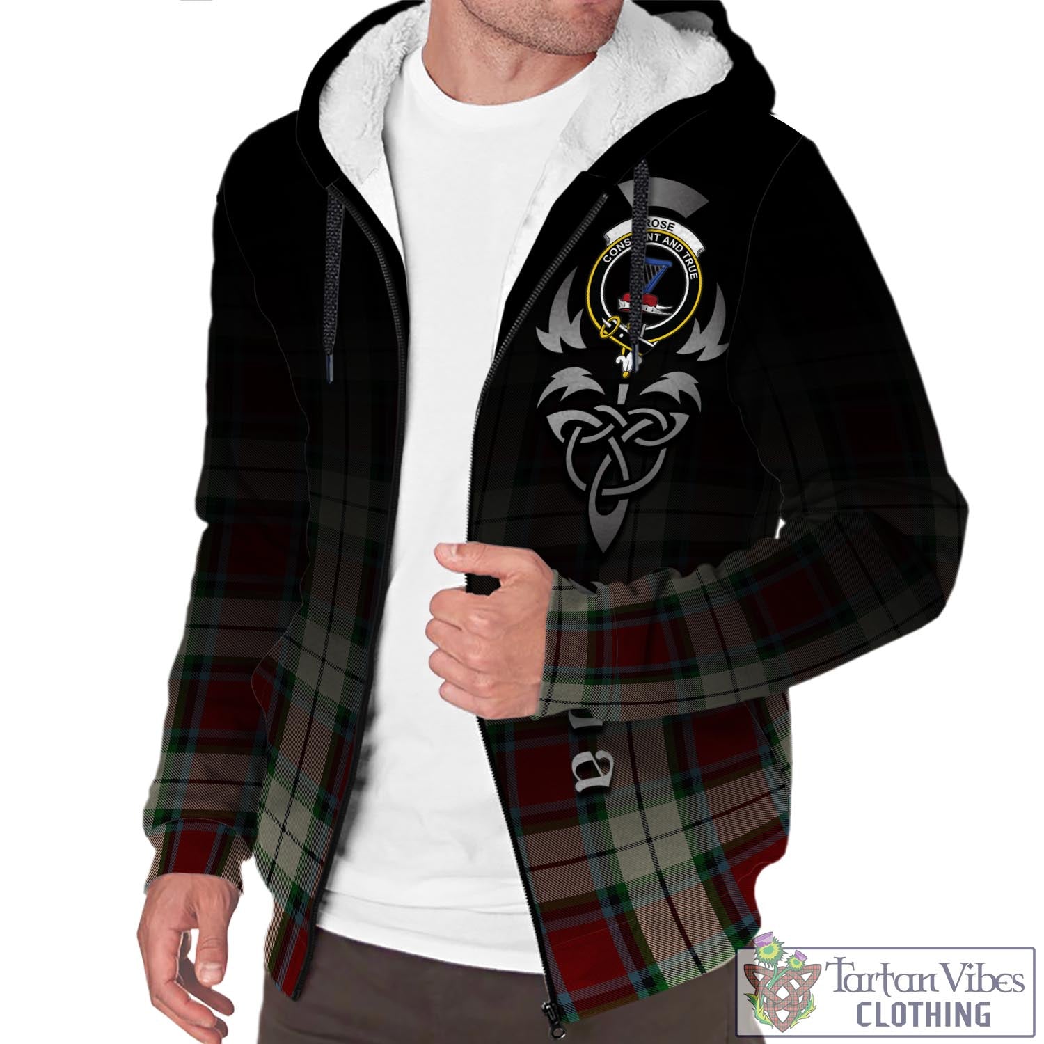 Tartan Vibes Clothing Rose White Dress Tartan Sherpa Hoodie Featuring Alba Gu Brath Family Crest Celtic Inspired