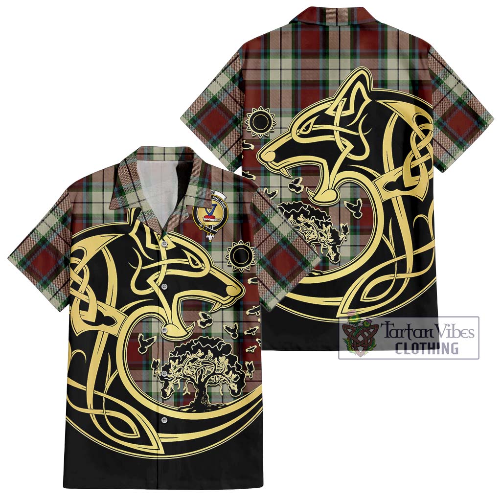 Tartan Vibes Clothing Rose White Dress Tartan Short Sleeve Button Shirt with Family Crest Celtic Wolf Style