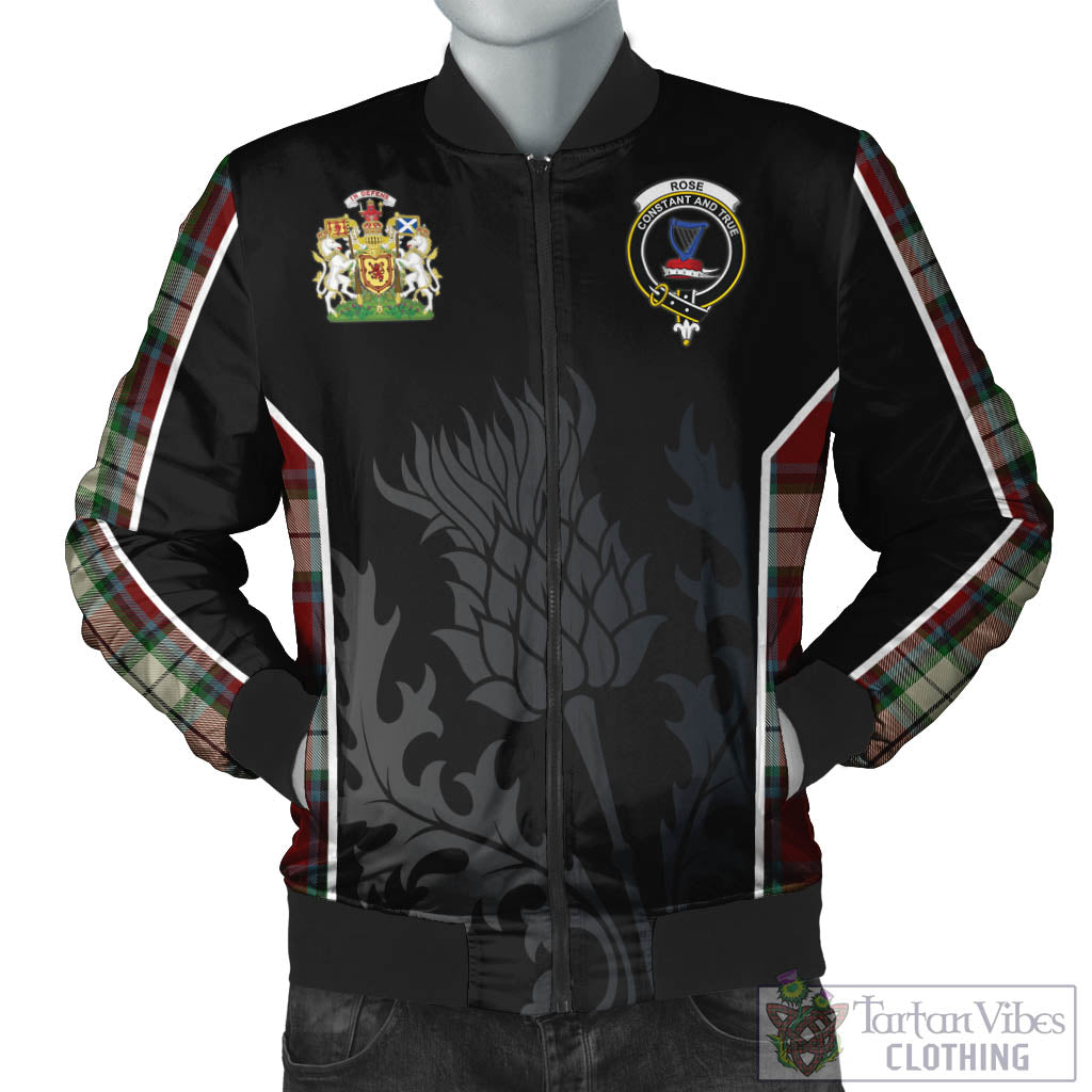 Tartan Vibes Clothing Rose White Dress Tartan Bomber Jacket with Family Crest and Scottish Thistle Vibes Sport Style