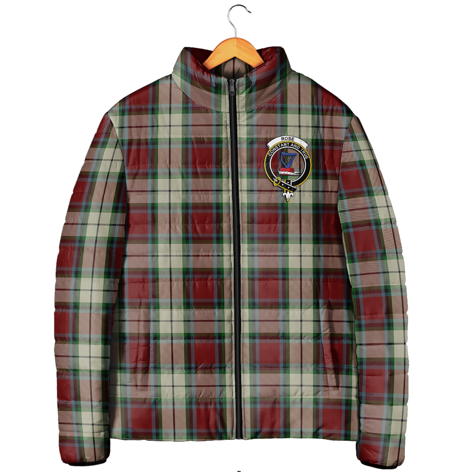 Rose White Dress Tartan Padded Jacket with Family Crest Men's Padded Jacket - Tartan Vibes Clothing