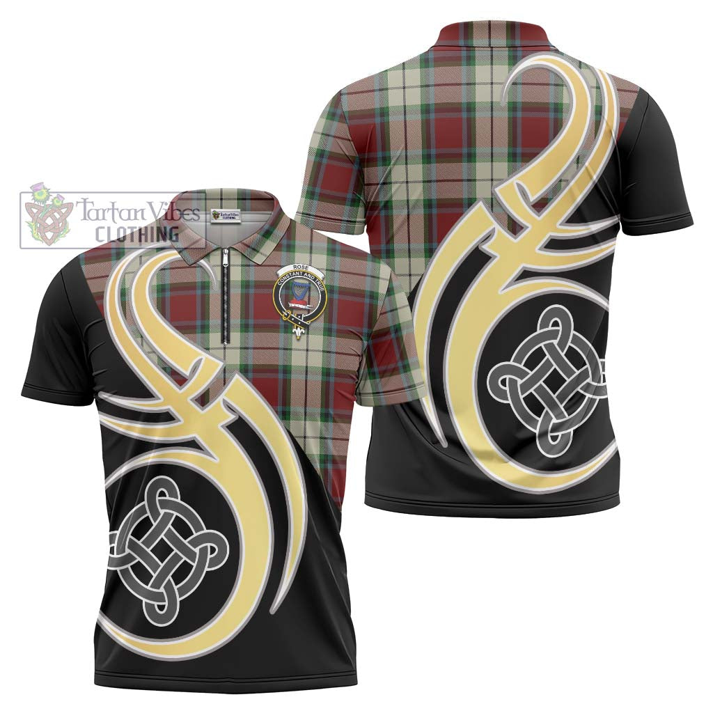 Tartan Vibes Clothing Rose White Dress Tartan Zipper Polo Shirt with Family Crest and Celtic Symbol Style