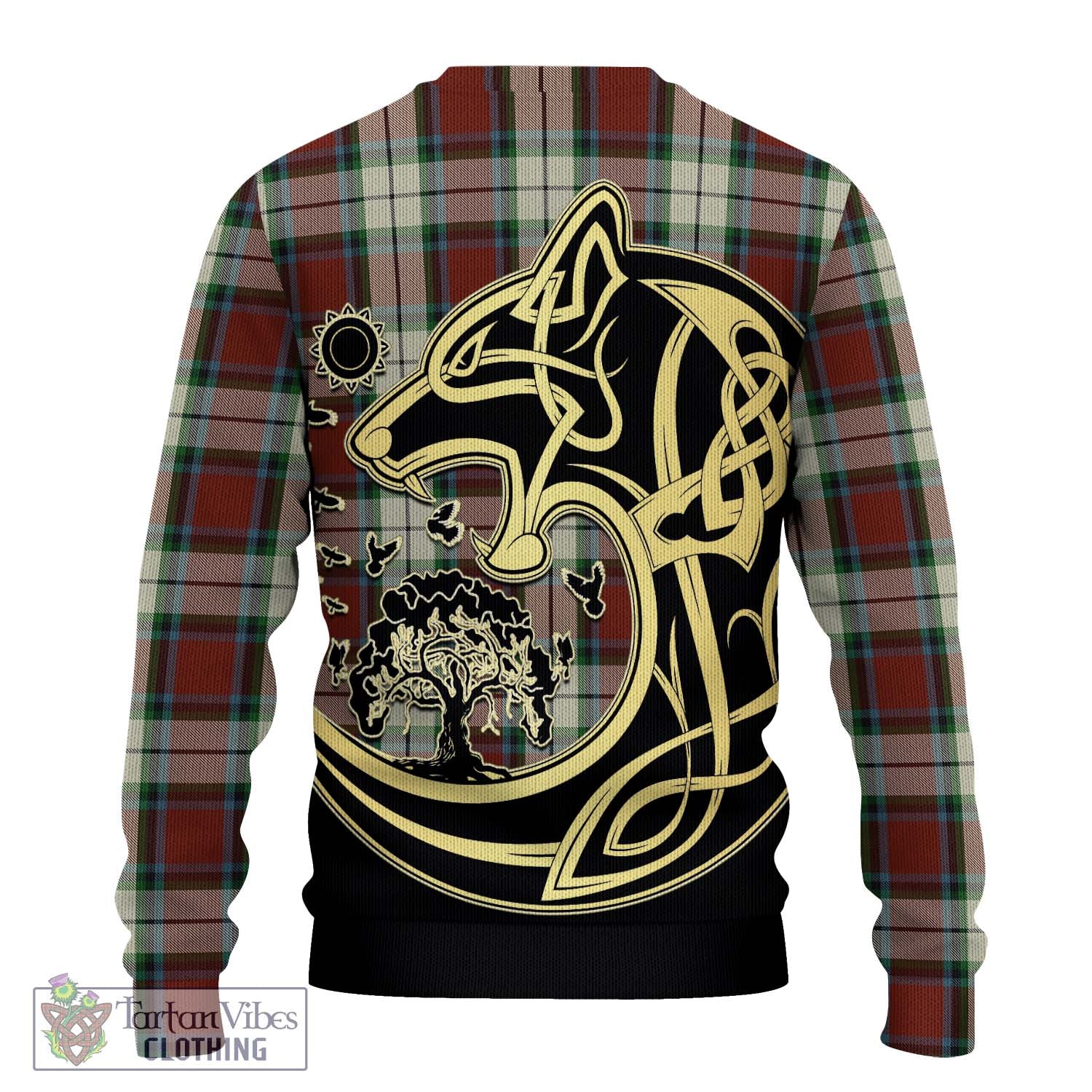 Tartan Vibes Clothing Rose White Dress Tartan Knitted Sweater with Family Crest Celtic Wolf Style