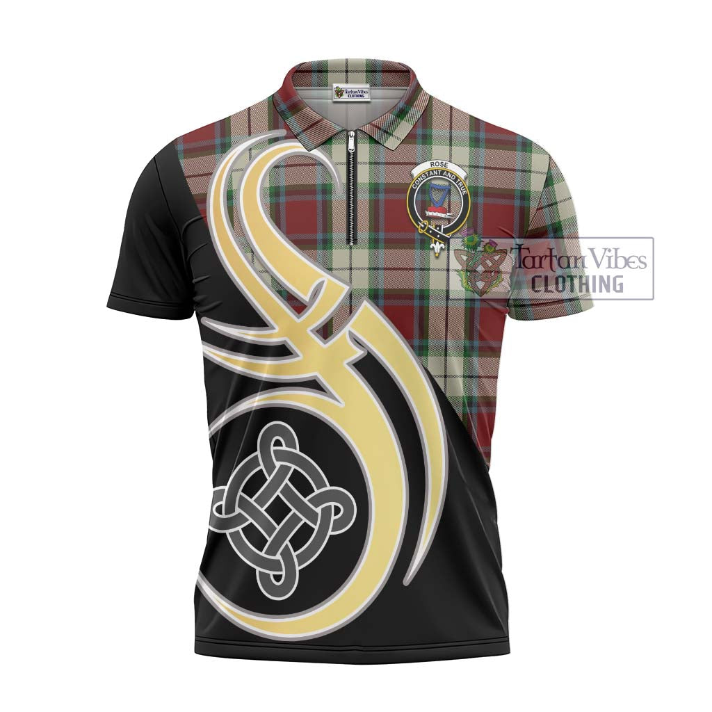 Tartan Vibes Clothing Rose White Dress Tartan Zipper Polo Shirt with Family Crest and Celtic Symbol Style