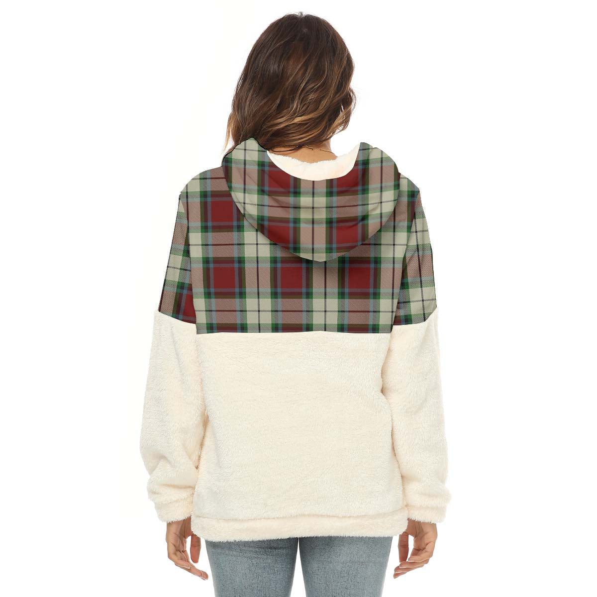 Rose White Dress Tartan Women's Borg Fleece Hoodie With Half Zip with Family Crest - Tartan Vibes Clothing