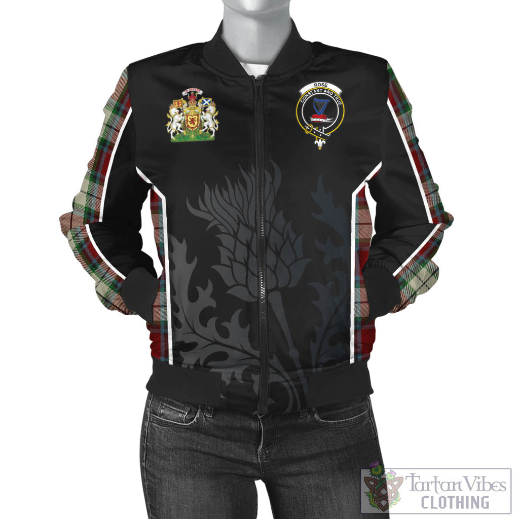 Tartan Vibes Clothing Rose White Dress Tartan Bomber Jacket with Family Crest and Scottish Thistle Vibes Sport Style