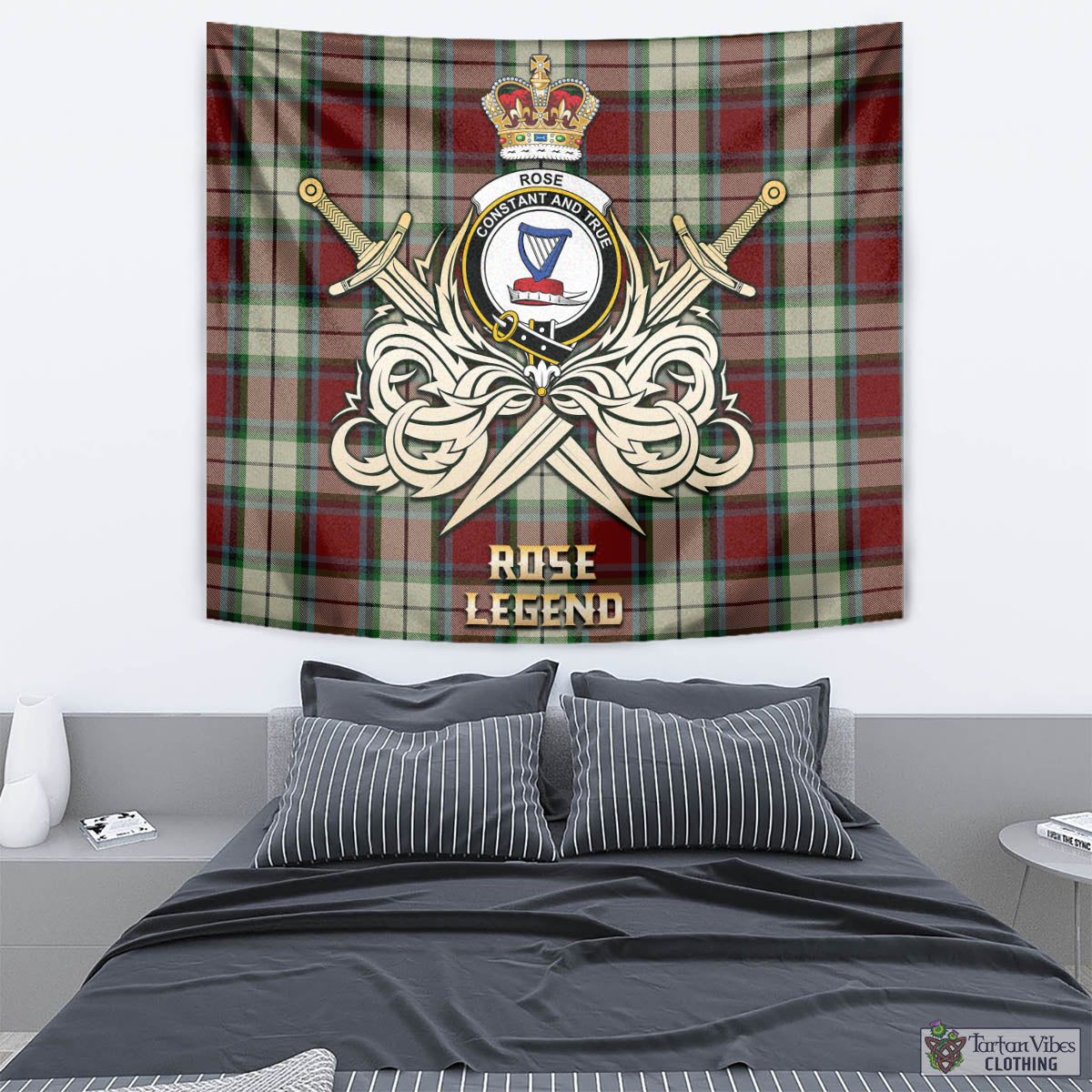 Tartan Vibes Clothing Rose White Dress Tartan Tapestry with Clan Crest and the Golden Sword of Courageous Legacy