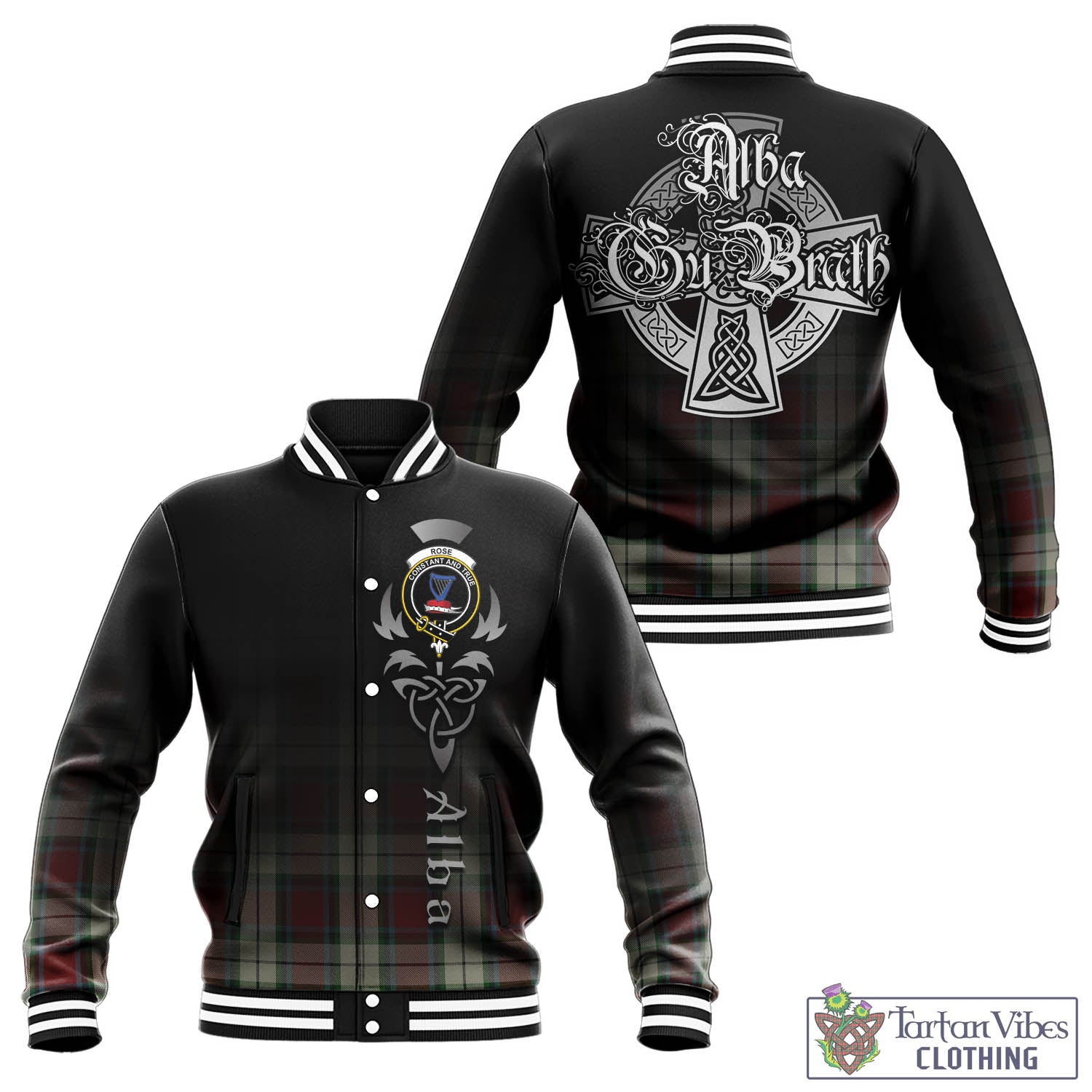 Tartan Vibes Clothing Rose White Dress Tartan Baseball Jacket Featuring Alba Gu Brath Family Crest Celtic Inspired