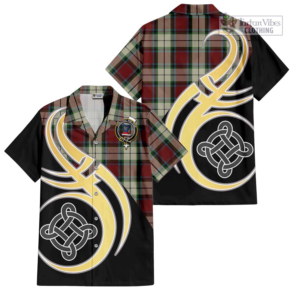 Rose White Dress Tartan Short Sleeve Button Shirt with Family Crest and Celtic Symbol Style - Tartan Vibes Clothing