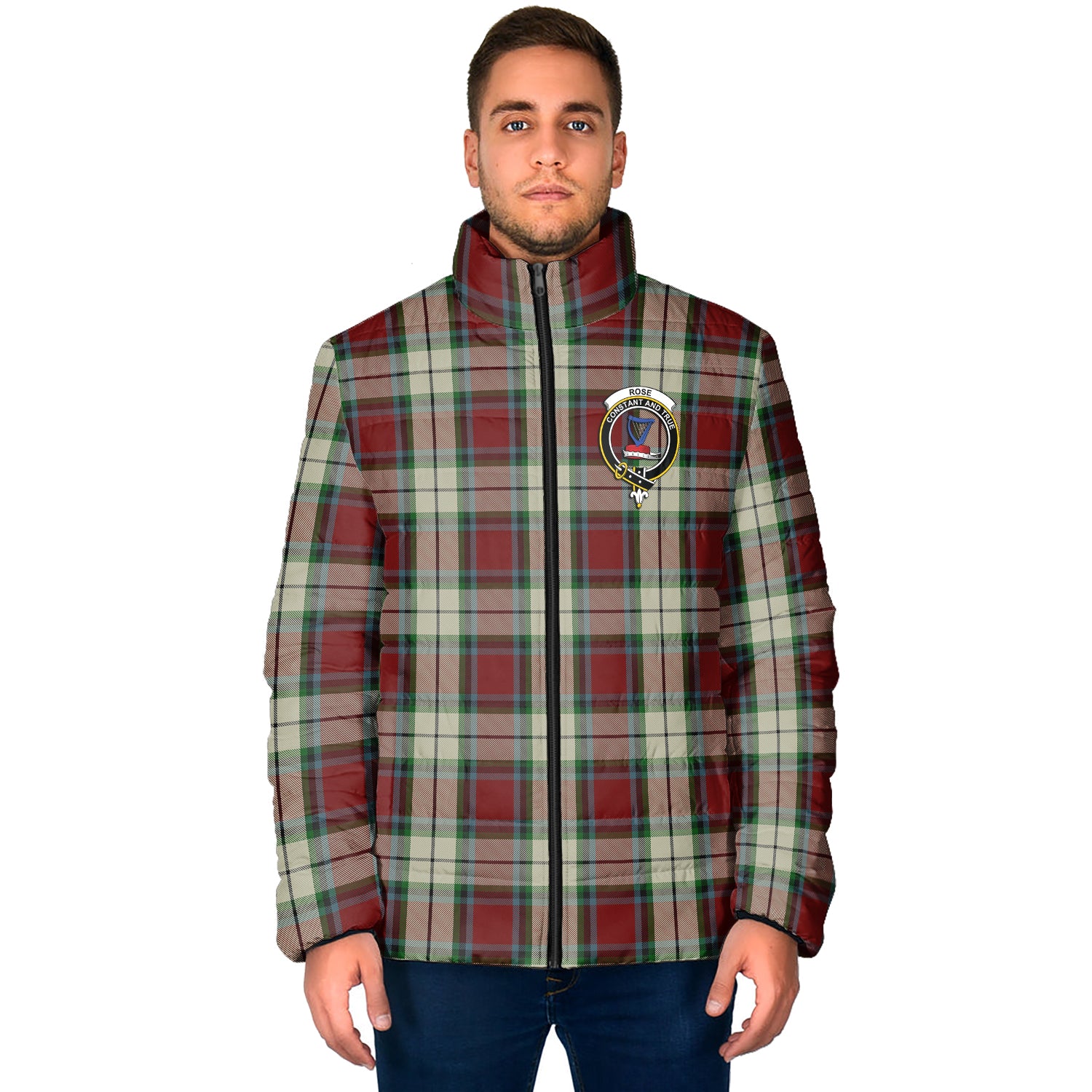 Rose White Dress Tartan Padded Jacket with Family Crest - Tartan Vibes Clothing