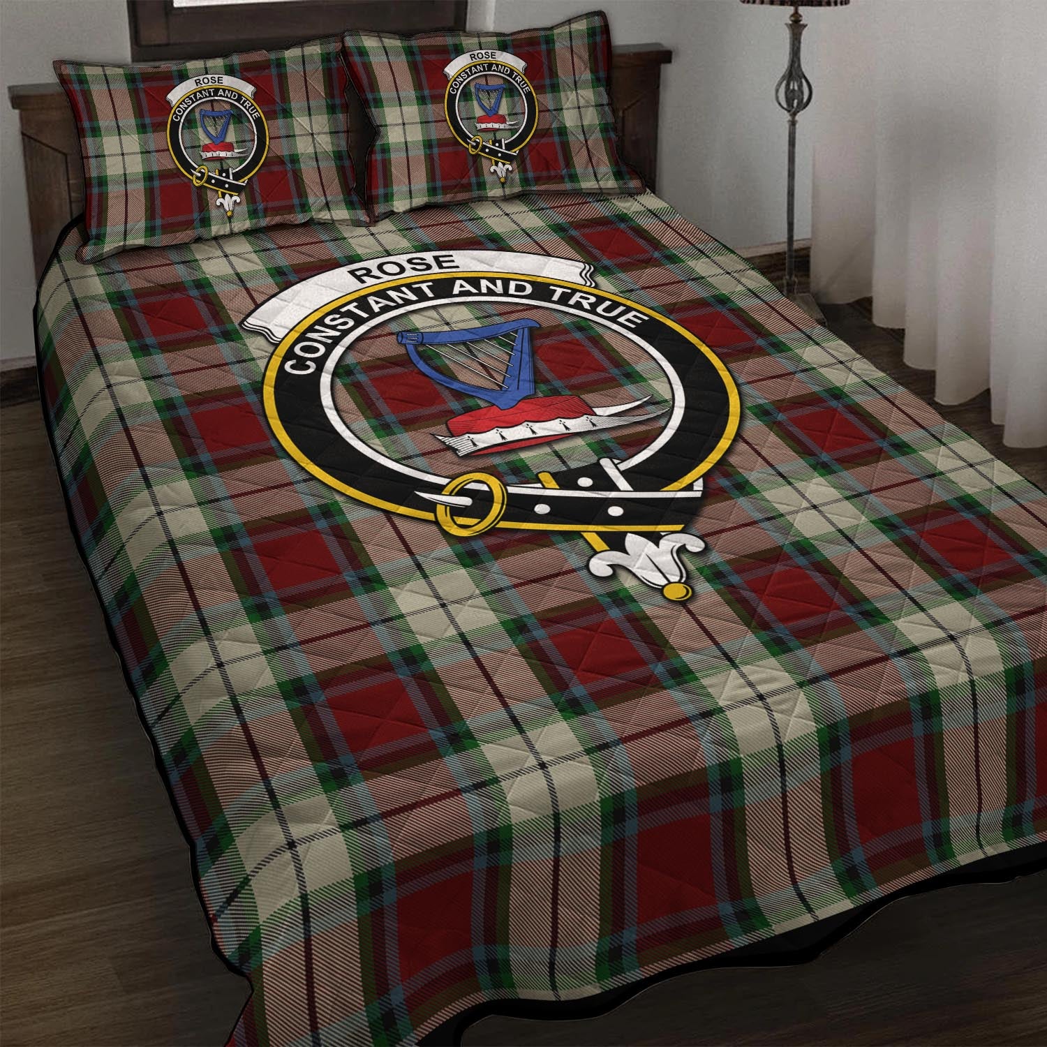 Rose White Dress Tartan Quilt Bed Set with Family Crest - Tartan Vibes Clothing