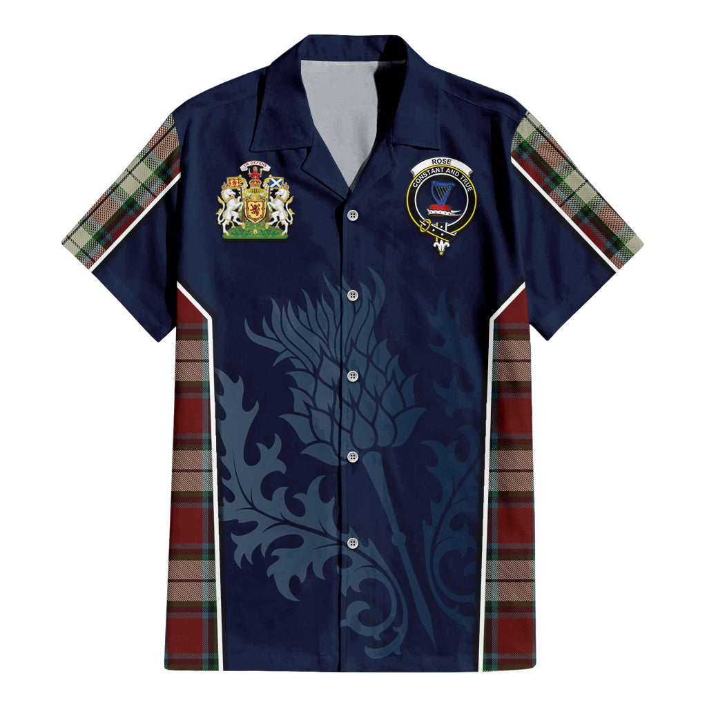 Tartan Vibes Clothing Rose White Dress Tartan Short Sleeve Button Up Shirt with Family Crest and Scottish Thistle Vibes Sport Style