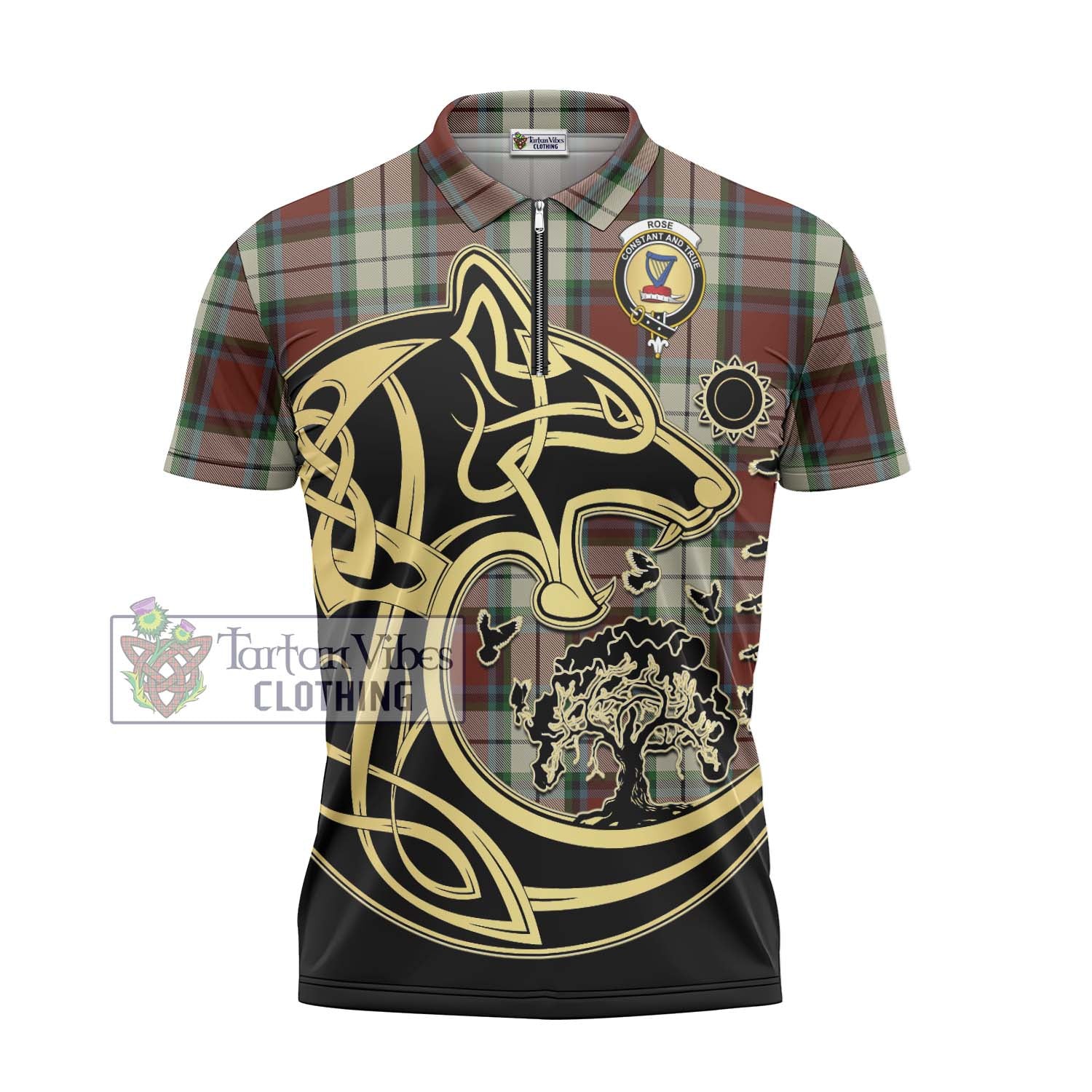 Tartan Vibes Clothing Rose White Dress Tartan Zipper Polo Shirt with Family Crest Celtic Wolf Style