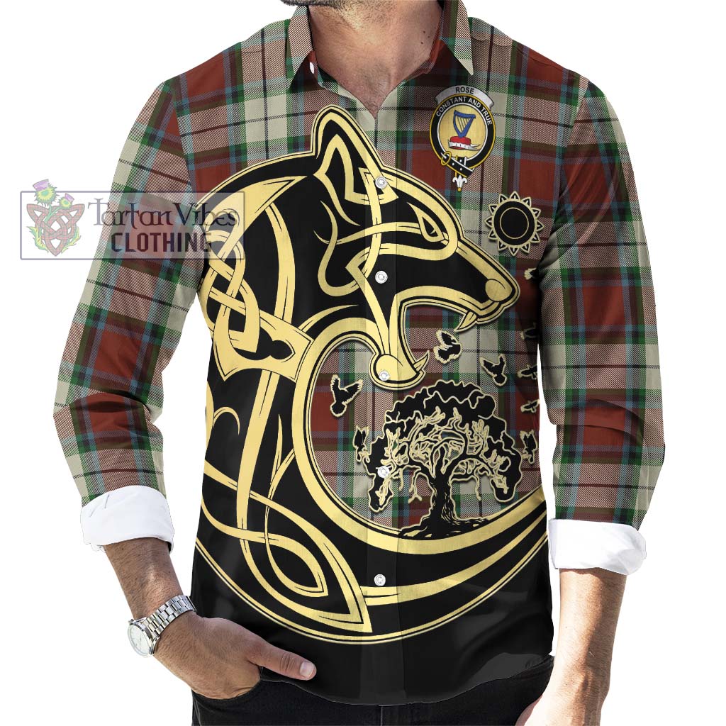 Tartan Vibes Clothing Rose White Dress Tartan Long Sleeve Button Shirt with Family Crest Celtic Wolf Style