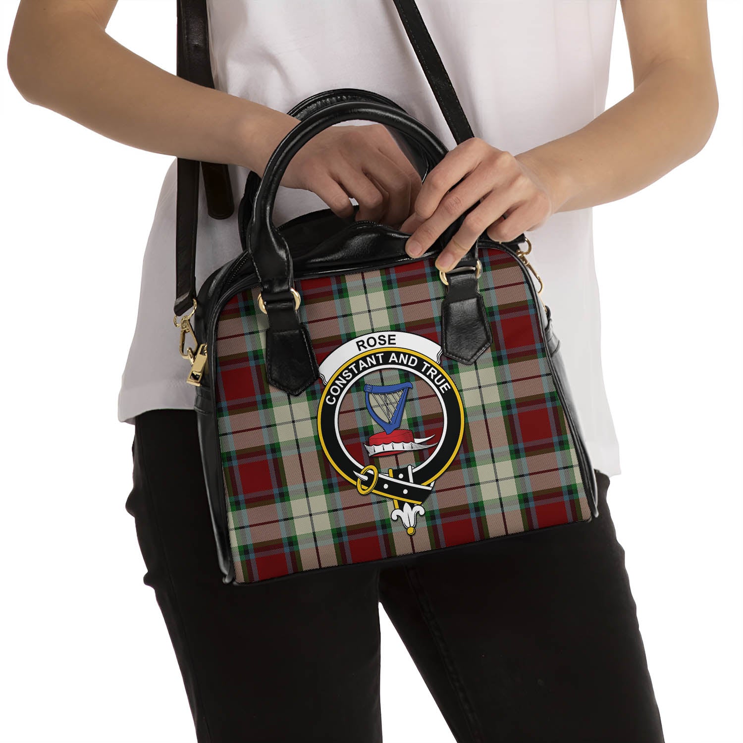 Rose White Dress Tartan Shoulder Handbags with Family Crest - Tartanvibesclothing